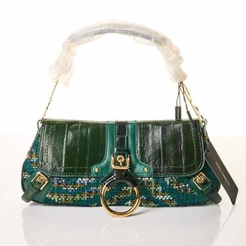 Dolce & Gabbana, Green Leather / Metallic Tweed Shoulder Bag