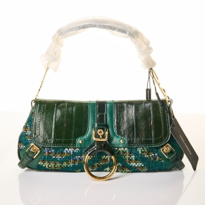Dolce & Gabbana, Green Leather / Metallic Tweed Shoulder Bag