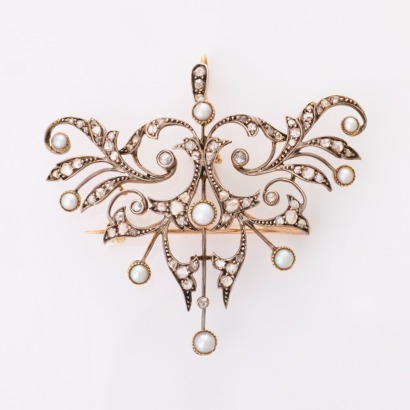 Antique, Silver Topped / 9ct Yellow Gold, Victorian, Seed Pearl / 0.70ct Diamond Brooch / Pendant