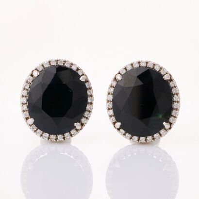 18ct White Gold, Modern, Large 24.50ct Black Sapphire / .52ct Diamond Earrings