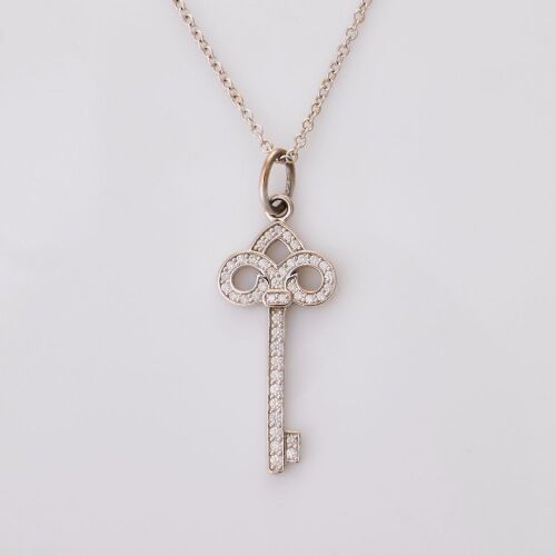 Tiffany & Co. 18ct White Gold, 0.12ct Diamond Key Pendant Necklace with Box