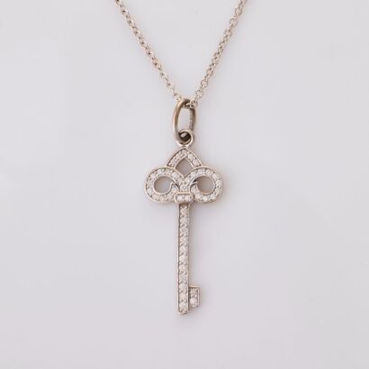 Tiffany & Co. 18ct White Gold, 0.12ct Diamond Key Pendant Necklace with Box