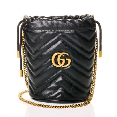 Gucci, Black Leather Marmont Bucket Bag with Box