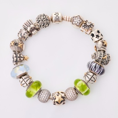 Pandora, Silver / Gold Accents / Cubic Zirconia / Murano Glass Charm Bracelet with Box