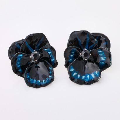 Karen Walker, Sterling Silver, Sapphire / Enamel Earrings with Box