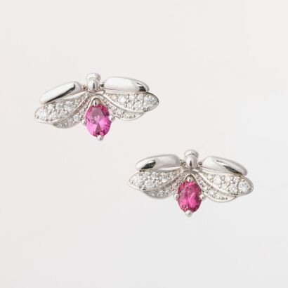 Tiffany & Co, Platinum, 2 Rubelite / .20ct Diamond "Paper Flowers Firefly" Earrings with Box - Near new