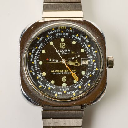 Chrome Plated, 38mm Sicura Globetrotter GMT Hand-Wound Wristwatch, circa 1974