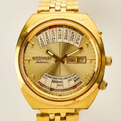 Gold Plated, 43mm Whittnauer 2002 Time Machine Perpetual Calendar Automatic Wristwatch, circa 1973
