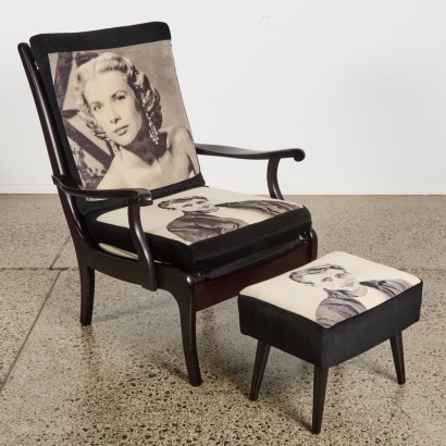 An Occasional Chair with Grace Kelly and James Dean Upholstery and Matching Footstool