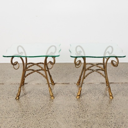 A Pair of French Maison Jansen Style Wrought Iron Side Tables