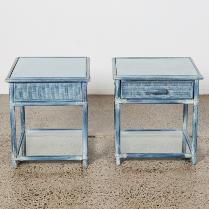 A Pair of Vintage Blue Cane Bedside Tables