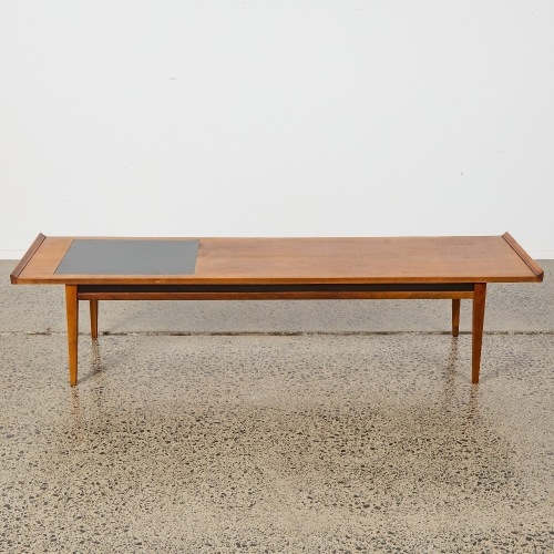 A Sleek Mid-Century Dillingham &lsquo;Esprit Collection&rsquo; Solid Walnut And Black Laminate Accent Surfboard Coffee Table