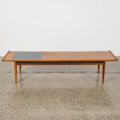 A Sleek Mid-Century Dillingham &lsquo;Esprit Collection&rsquo; Solid Walnut And Black Laminate Accent Surfboard Coffee Table