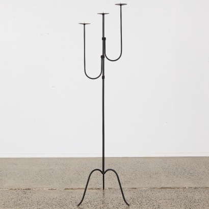 A Large Floor-Standing Wrought Iron Three-Pillar Candlestick