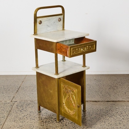 An Antique Art Nouveau Brass and Marble Nightstand