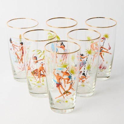 A Set of Six Hawaiian Motif Glasses