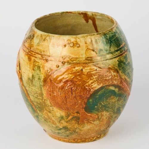 An Extremely Rare Briar Gardner Vase Ovoid Form Surrounded By Hand Applied Kiwis Dated c.1935