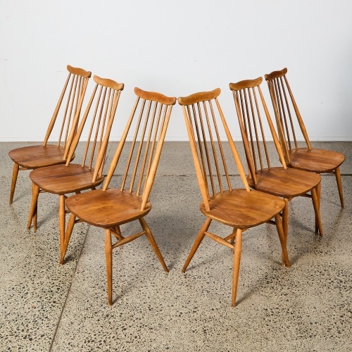 A Suite Of Six Ercol Mid Century Moustache Dining Chairs Made In England