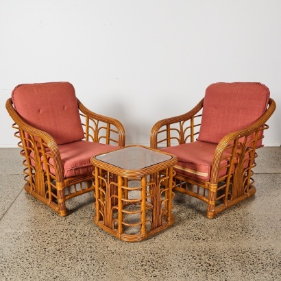 A Pair of Birdcage Style Bamboo and Rattan Chairs and Side Table