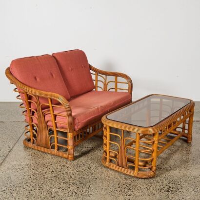A Birdcage Style Bamboo and Rattan Two Seater and Coffee Table