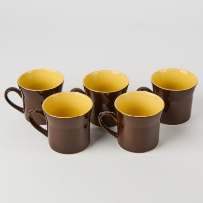 A Collection of Five Crown Lynn Coffee Cups Dark Brown Glaze With Mustard Glaze Inside