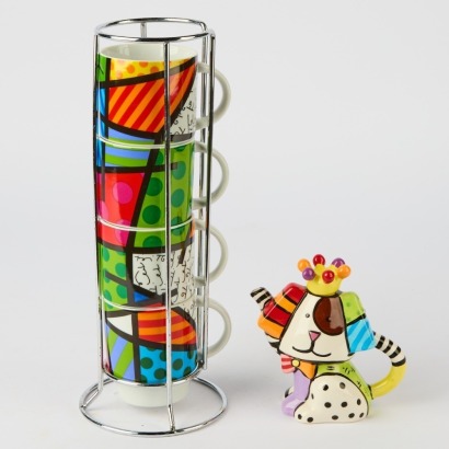 A Britto Landscape Stacking Mugs & Mini Dog Teapot