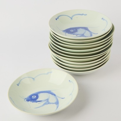 A Set of 13 Vintage Chinese Koi Carp Handpainted Bowls