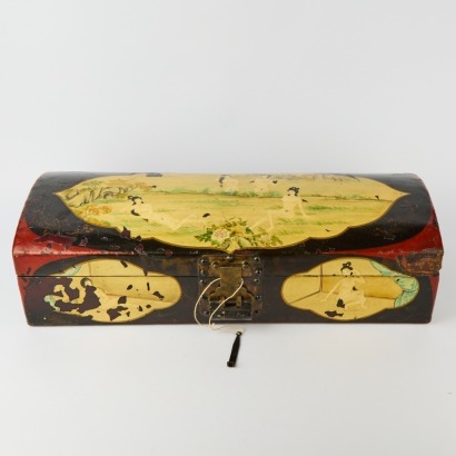 A Vintage Black Lacquered Box Featuring Hand Painted Nudes