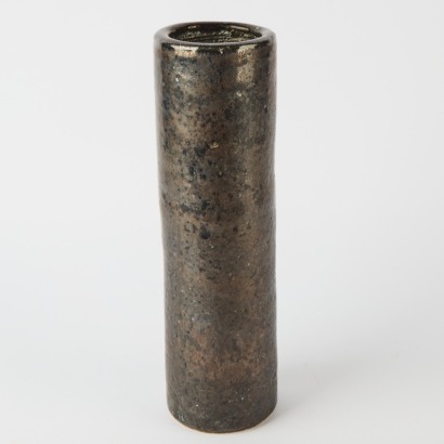A Signed Black Cylindrical Pottery Vase