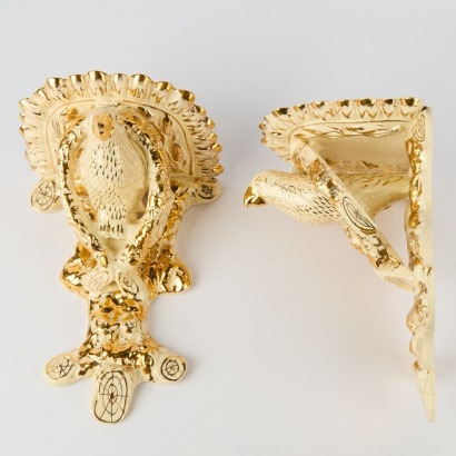 A Pair of Continental Gilded Ceramic Bird Wall Sconces