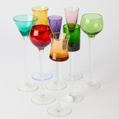 A Collection of Eight Tall Stemed Colourful Liquour Glasses