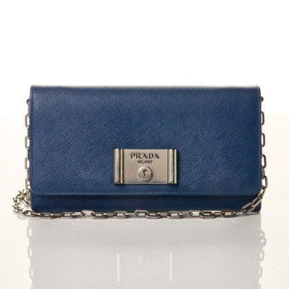 Prada, Navy Saffiano Wallet on Chain with Box