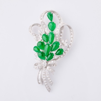18ct White Gold, 4.75ct Burmese Imperial Jade / 1.16ct Diamond Brooch