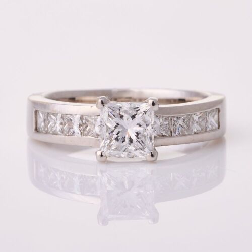 Victor Azzopardi, 18ct White Gold, Modern, 1.07ct Princess Cut / .60ct Diamond Set Shoulders Ring, GIA certified