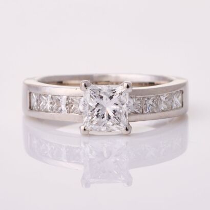 Victor Azzopardi, 18ct White Gold, Modern, 1.07ct Princess Cut / .60ct Diamond Set Shoulders Ring, GIA certified