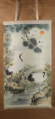 A Japanese Handpainted Paper Scroll With Cranes