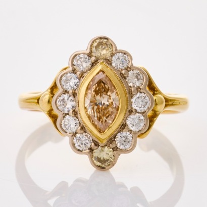 18ct Yellow Gold, Modern, 0.38ct Marquise Cut / 0.40ct Diamond Cluster Ring