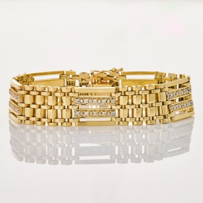 14ct Yellow Gold, 19.5cm, Vintage, .50ct Diamond Set Gate Bracelet