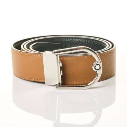 Montblanc, Horseshoe Buckly Grainy Caramel/Black 35mm Reversible Leather Belt with Box - As new