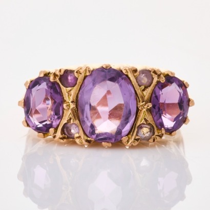 9ct Yellow / Rose Gold, Vintage, Oval Amethyst Three Stone Ring