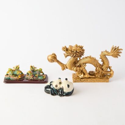 A Chinese Gilded Resin Dragon Ornament AND A Painted Qilin Ornament AND A Panda Ornament