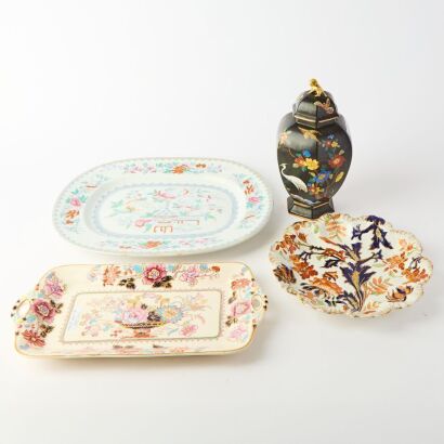 A Set of Three European Floral-enamelled Porcelain Dishes AND A Hexagonal Black-ground Painted Jar with Cover