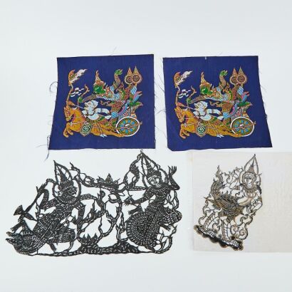 A Set of Two Indonesian Shadow Puppets AND A Set of Two Pieces of Printed Figural Textile