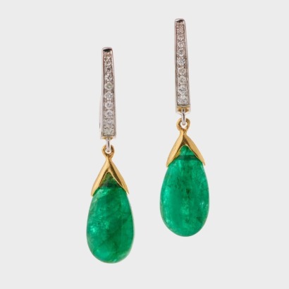 18ct White / Yellow Gold, 8.17ct Emerald / .18ct Diamond Drop Earrings