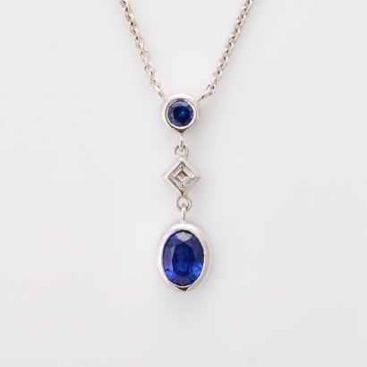 18ct White Gold, Modern, 1.25ct Sapphire / 0.18ct Sapphire / 0.10ct Diamond Pendant on 45cm Cable Chain
