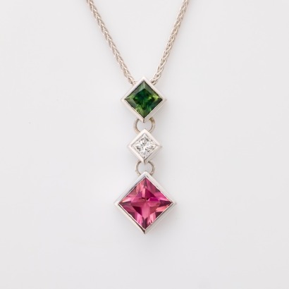 18ct White Gold, Pink & Green Tourmalilne / .46ct Diamond Pendant on 9ct White Gold Chain