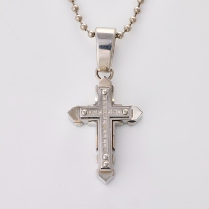Stainless Steel, .10ct Diamond Cross Pendant on 72cm Beaded Chain