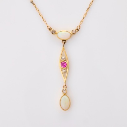 14ct Yellow Gold, Vintage, Opal / .10ct Diamond Lariat Style Necklace with Gold Plated Chain