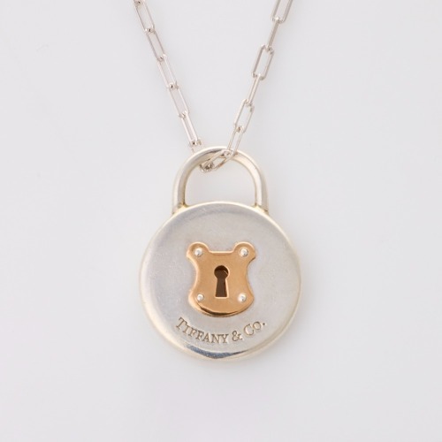 Tiffany & Co, Sterling Silver / 18ct Rose Gold Round Padlock Pendant on 45cm Paper-clip Link Chain