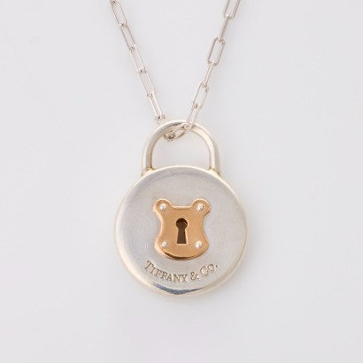 Tiffany & Co, Sterling Silver / 18ct Rose Gold Round Padlock Pendant on 45cm Paper-clip Link Chain